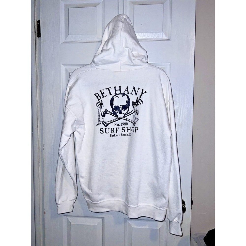 BETHANY SURF SHOP White Spellout Logo Hooded Sweatshirt Sz M (38-40)